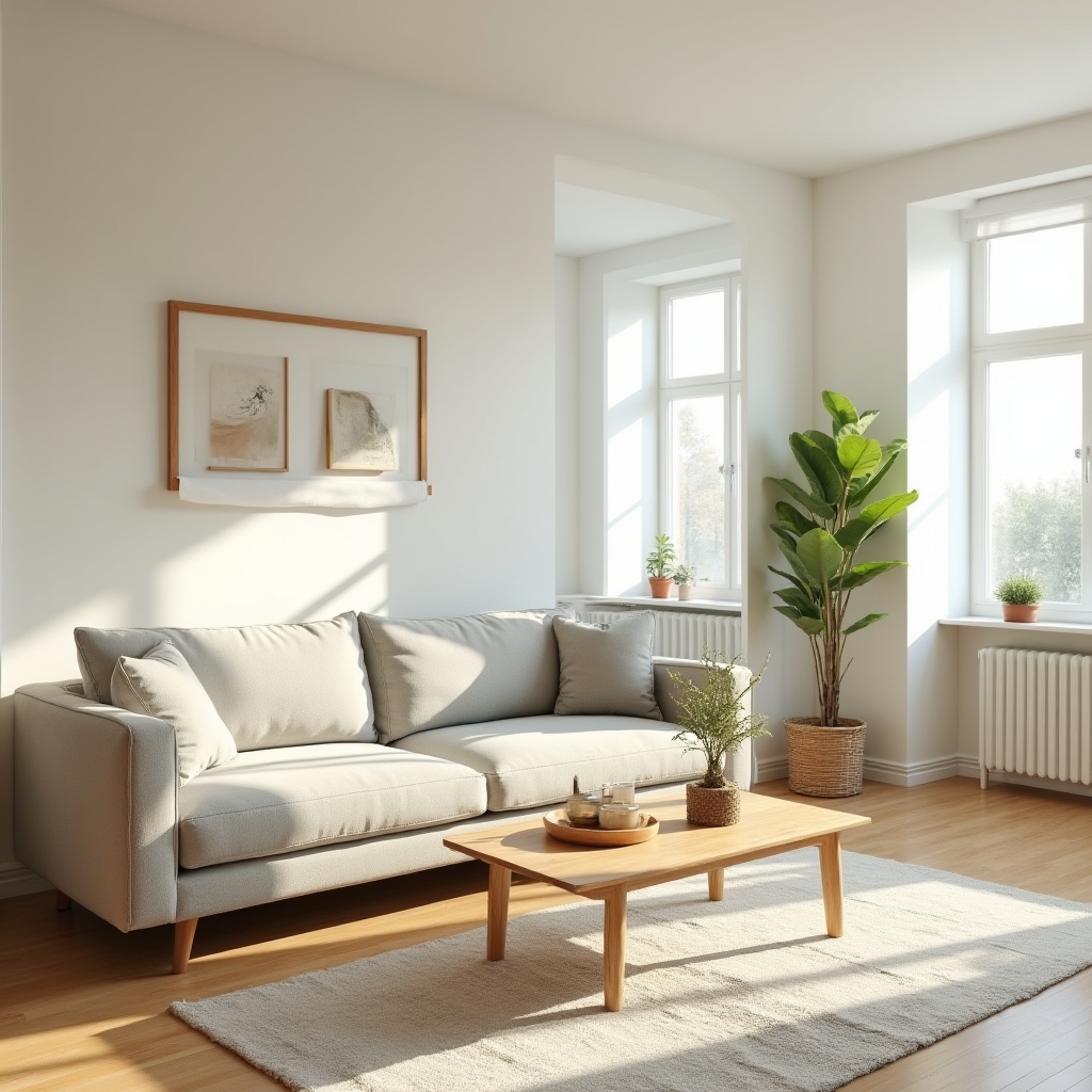 Jasny salon sfotografowany z właściwego kąta, wyglądający przestronnie