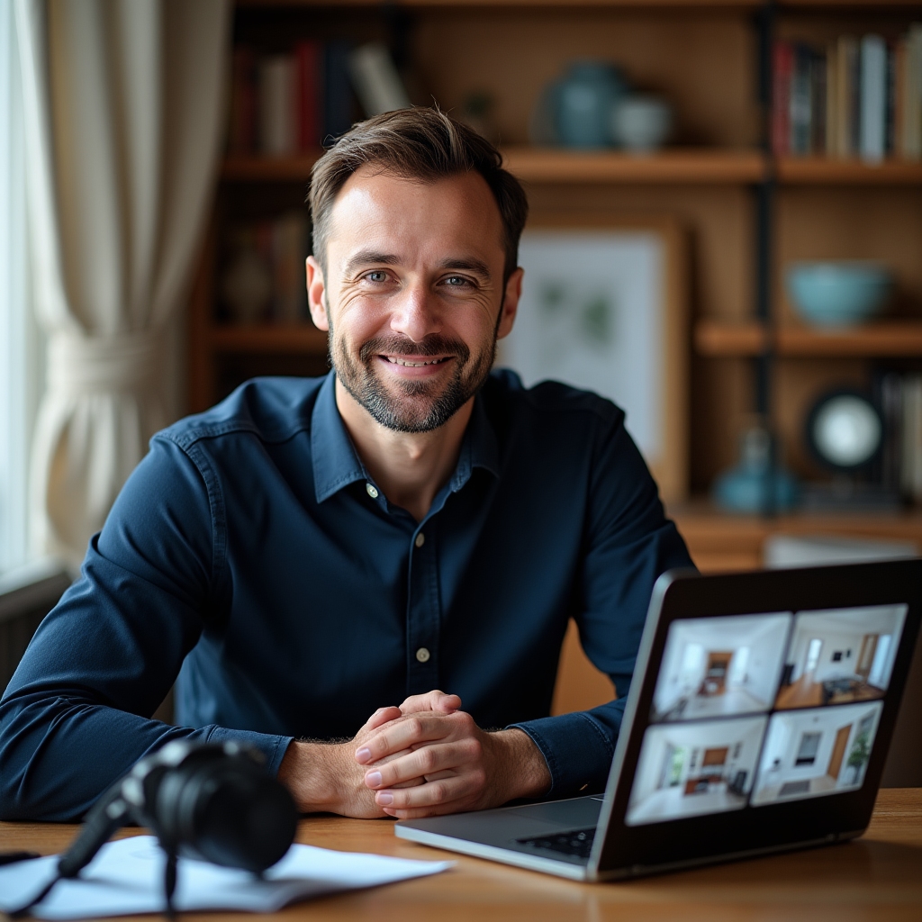 Prowadzący kurs fotografii wnętrz podczas sesji online, widoczny ekran z prezentacją