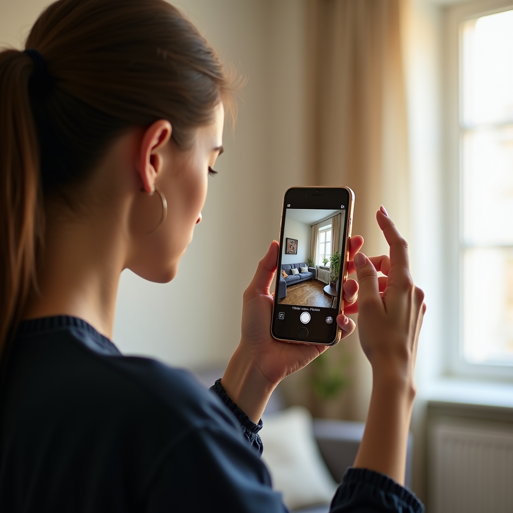 Osoba trzymająca telefon i fotografująca wnętrze pokoju